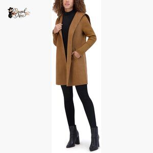 Hooded Double Face Wool Coat with Hidden Snap Closure and Rib Knit Sleeves